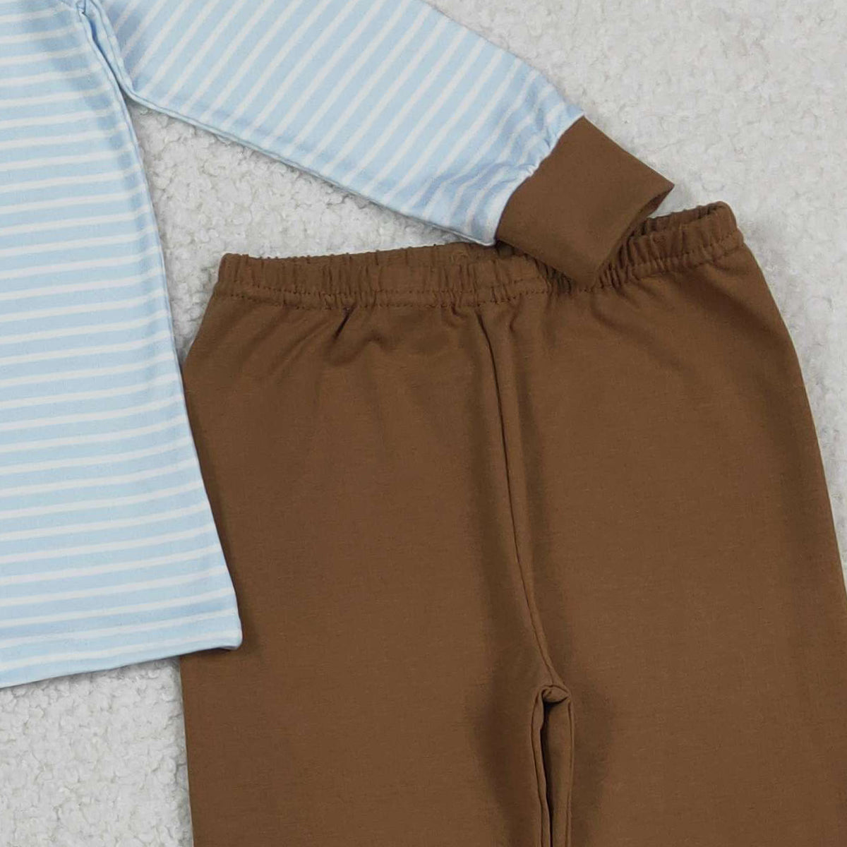 12.16 RTS NO MOQ （In stock）BLP1283 Embroidery Dogs Baby Boys Blue Stripe Top Legging Pants Clothes Sets