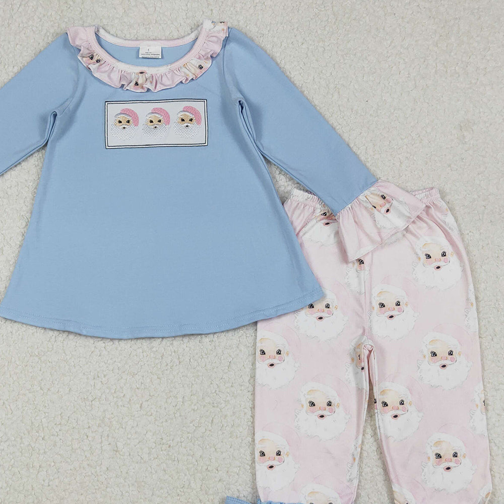 RTS NO MOQ （In stock）GLP1226 Baby Girls Winter Outfits Light Blue Santa Tunic Pants Set Girls Christmas Outfit Holiday Costume Children's Clothing