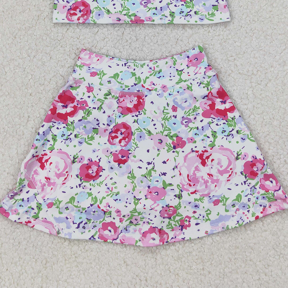 GSD1989  RTS NO MOQ Baby Girls Summer Yoga Outfits Sleeveless floral top skirt girls activewear clothing set