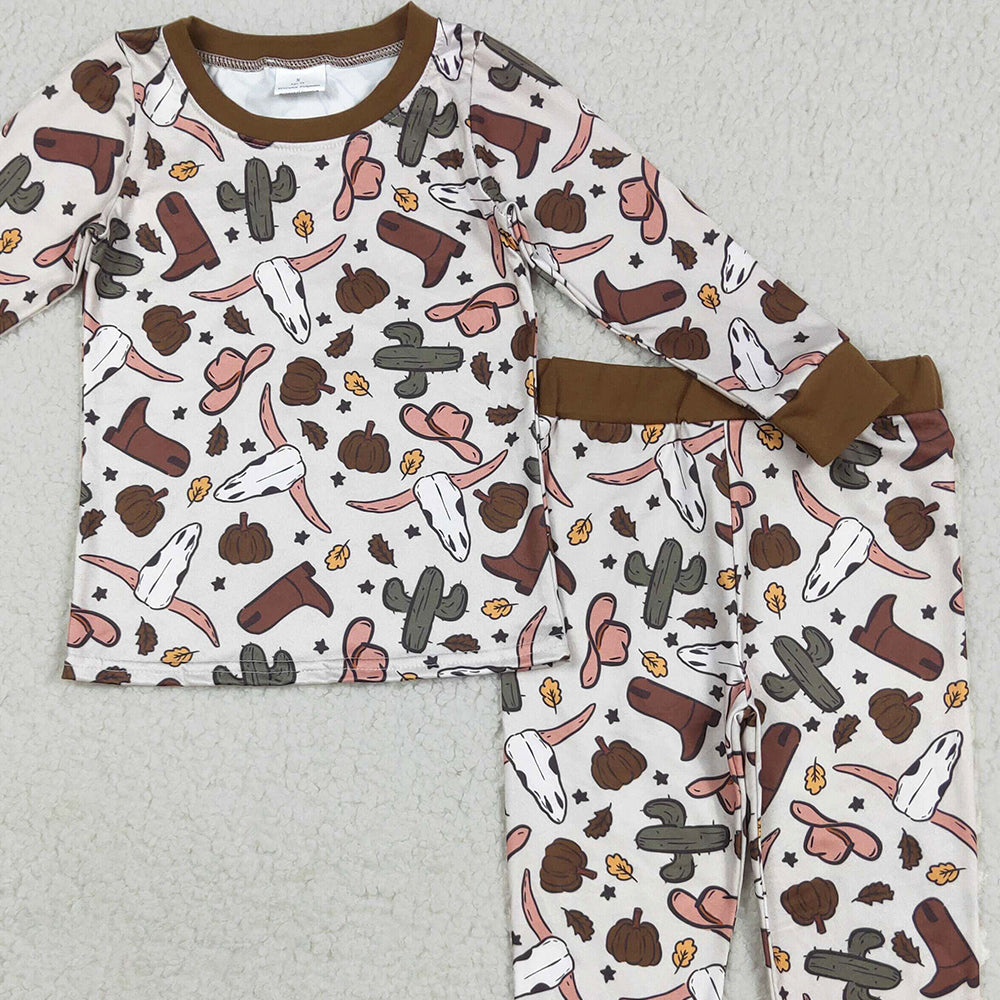 RTS NO MOQ （In stock）BLP1141 Baby Boys Winter Outfits Baby Boys Brown Western Bull Skull Cactus Top Pant Pajamas Sets