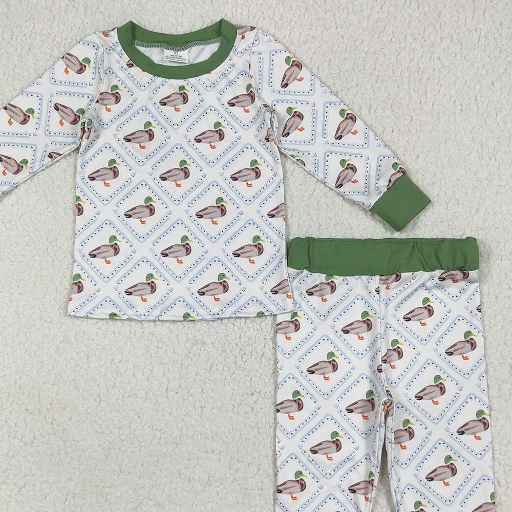 BLP1086RTS NO MOQ Baby Boys Winter Outfits Baby Boys Long Sleeves Green Ducks Plaid Top Pant Pajamas Set