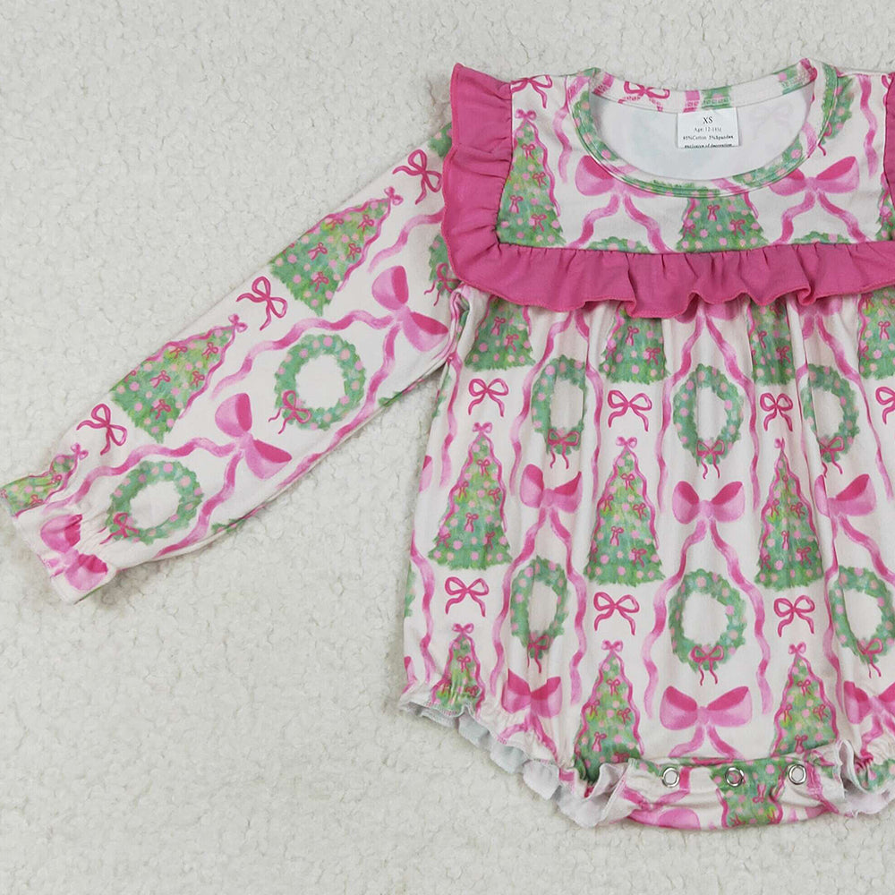 8.14  LR2202RTS NO MOQ Baby Girls Winter Rompers Baby Girls Long Ruffle Sleeves Trees Bows Ruffle Rompers