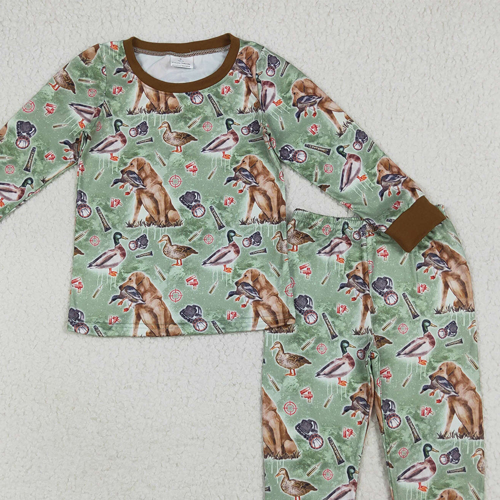 RTS NO MOQ （In stock） BLP1070Baby Boys Winter Outfits Baby Boys Green Long Sleeves Dogs Ducks Hunting Top Pant Pajamas Sets