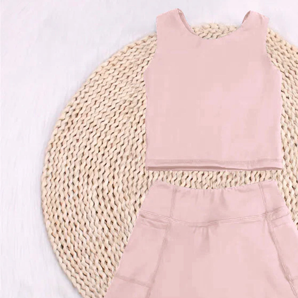 7.14 GSD1977 RTS NO MOQ Baby Girls Yoga Outfits Baby Girls Peach Sleeveless Top Pockets Skirt Yoga Set