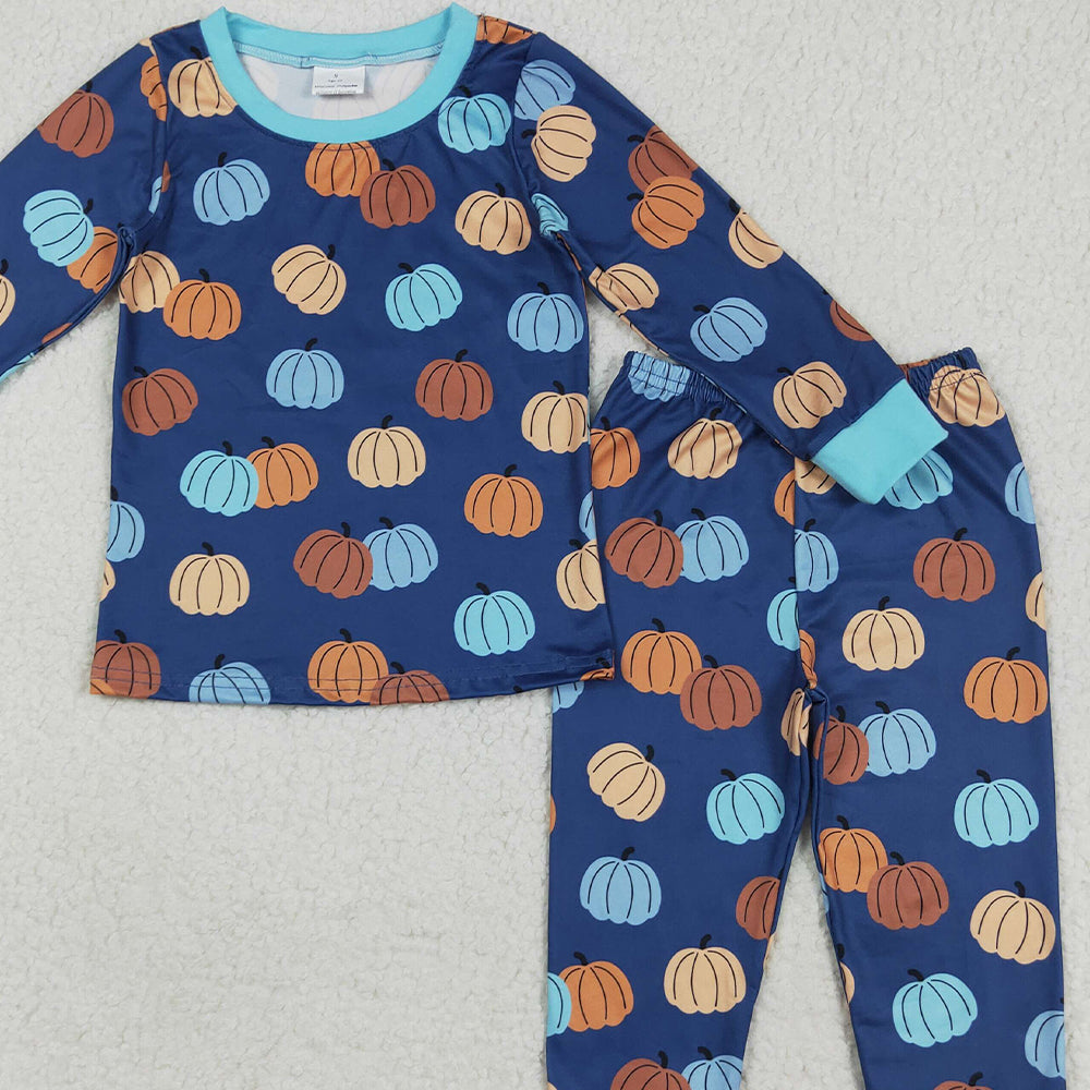 RTS NO MOQ （In stock）BLP1153 Baby Boys Winter Outfits Baby Boys Long Sleeves Fall Blue Pumpkins Top Pant Pajamas Sets