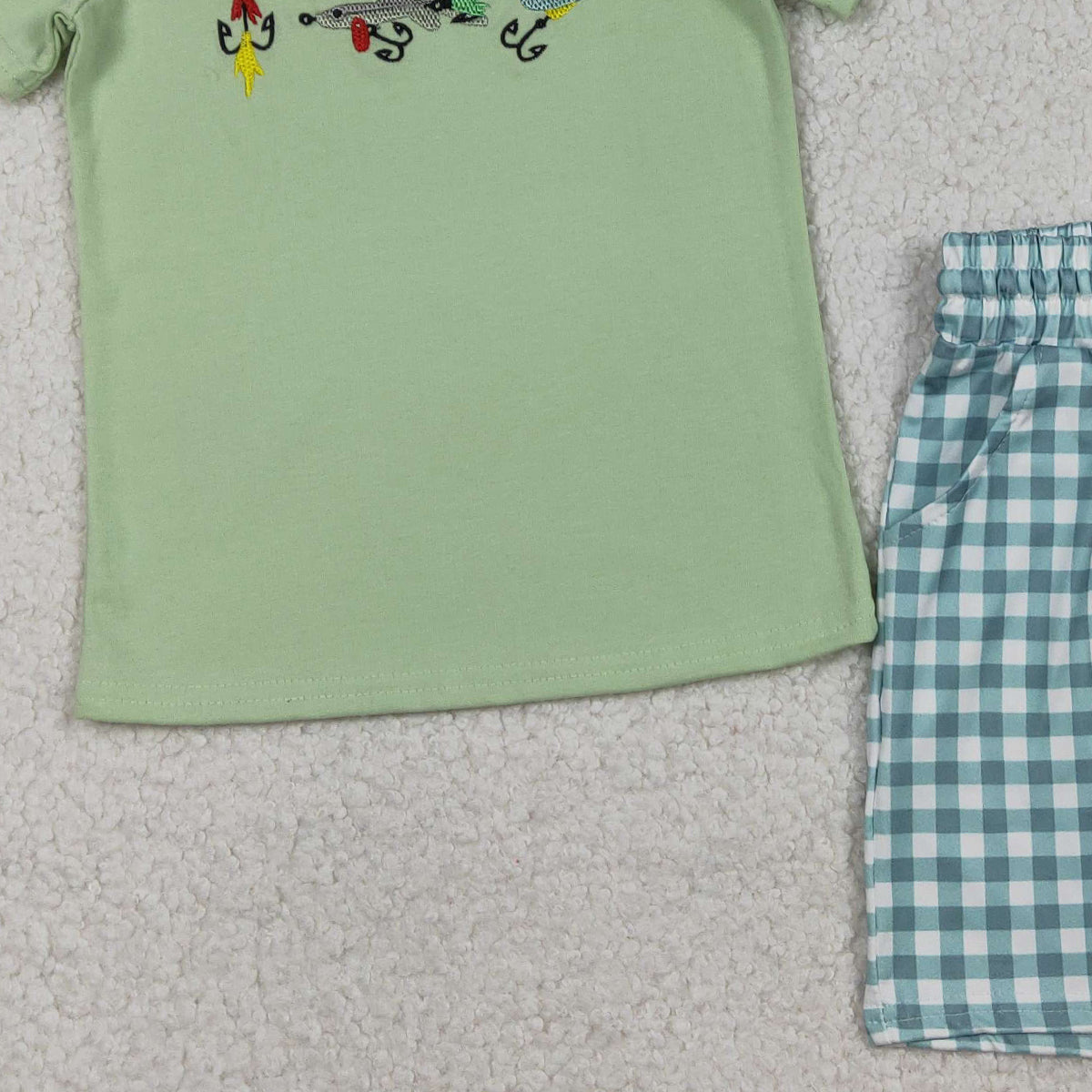 12.15 RTS NO MOQ （In stock）BSSO1621 Embroidery Fishing Baby Boys Top Checked Pockets Shorts Hunting Clothes Sets