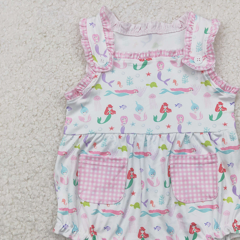 4.14 SR2880 RTS NO MOQ Baby Girls Summer Rompers  Sleeveless plaid pockets octopus fish turtle baby girls romper