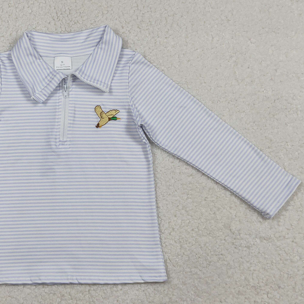 1.12 RTS NO MOQ （In stock）BT1638  Embroidery Ducks Baby Boys Grey Stripe Hunting Zip Pullovers Top