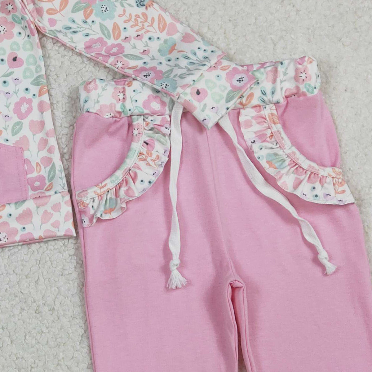 1.13 RTS NO MOQ （In stock）GLP3279 Baby Girls Colorful Flowers Zip Pocket Pullovers Jogger Pants Clothes Sets