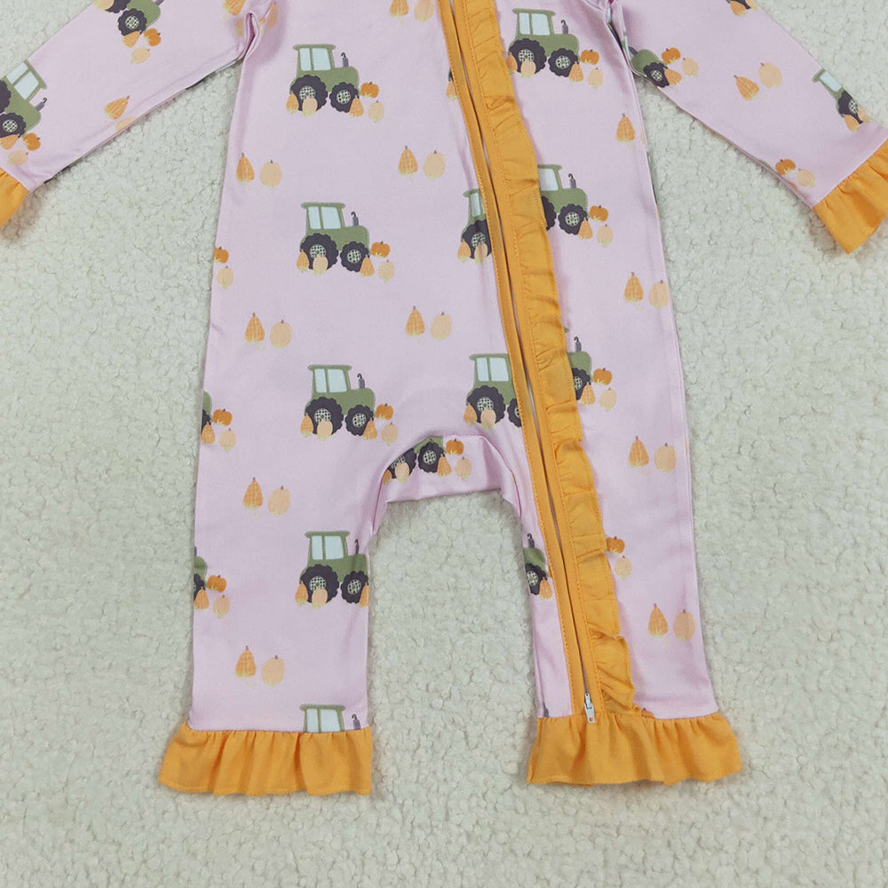 8.22 RTS NO MOQ （In stock）LR2336 Baby Girls Winter Rompers Baby Girls Pink Pumpkins Trucks Fall Ruffle Zipper Footie Rompers