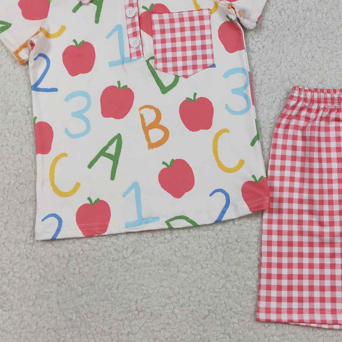 3.28 RTS NO MOQ （In stock）BSSO1913 ABC apple polo shirt plaid shorts boys back to school set