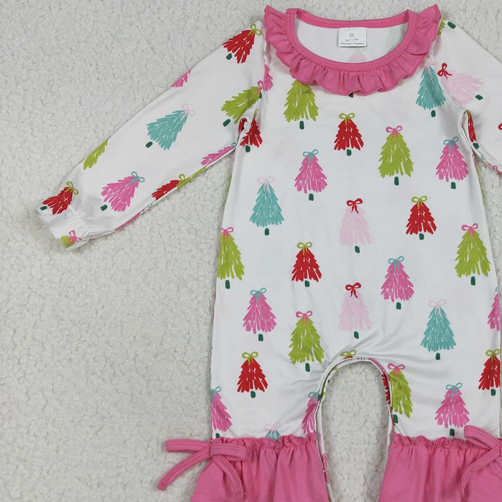 LR2280 RTS NO MOQ Baby Girls Winter Rompers Baby Girls Long Sleeves Colorful Bows Trees Ruffle Pant Rompers