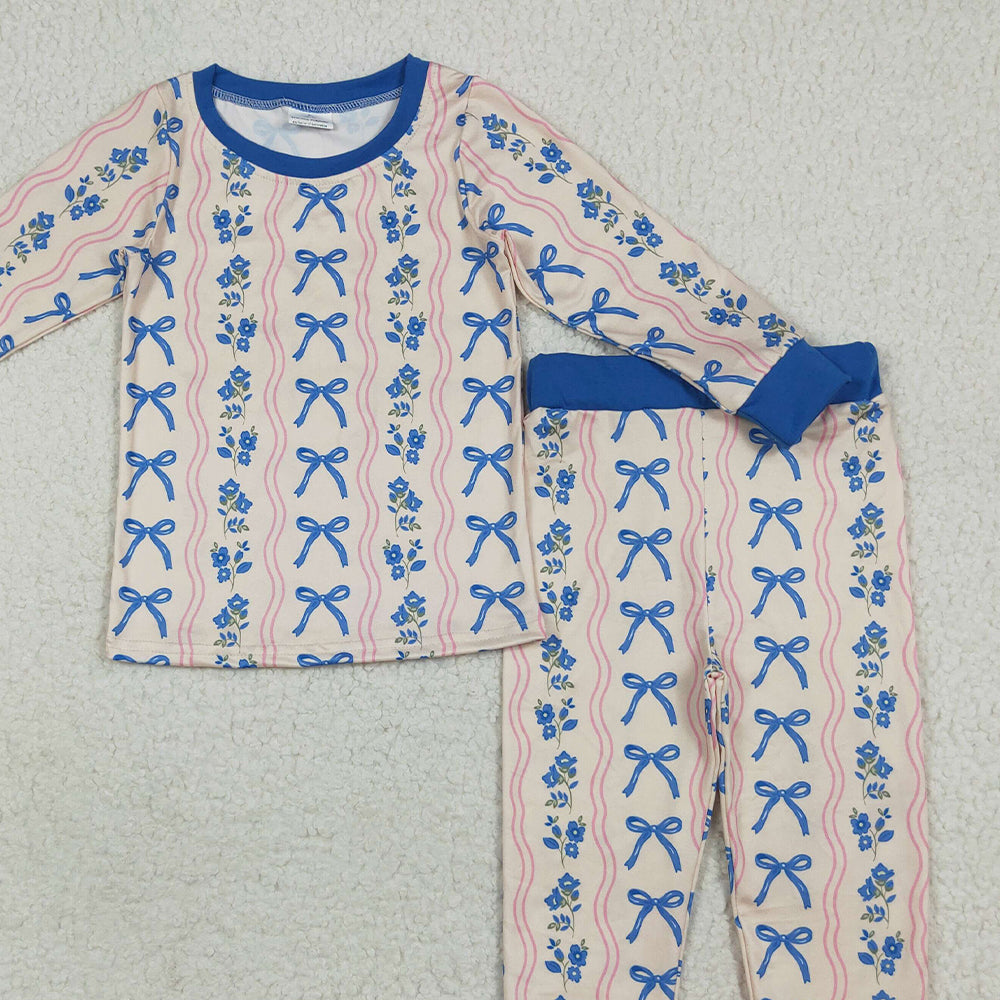 RTS NO MOQ （In stock）GLP2505  Baby Girls Winter Outfits Baby Girls Long Sleeves Blue Bows Flower Stripe Top Pants Pajamas Sets