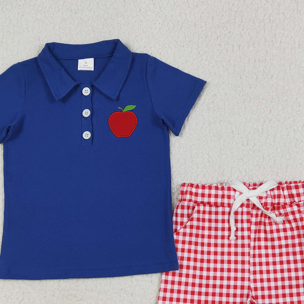 BSSO1397 RTS NO MOQ Baby Boys Summer Boys Outfits Embroidery Baby Boys Hot Navy Short Sleeves Button Down Apple Top Red Plaid Pockets Short Set