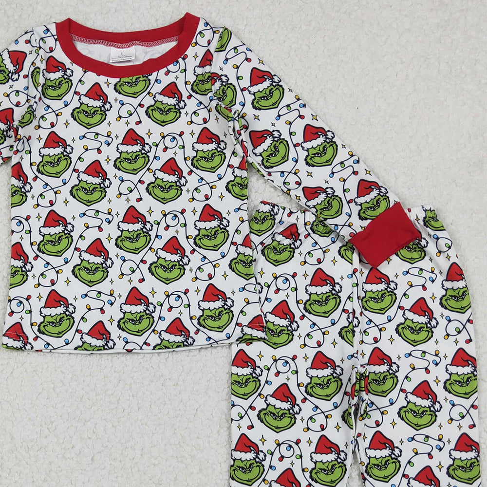 RTS NO MOQ （In stock）BLP1225  Baby Boys Winter Outfits Christmas Lights Green Faces Top Pant Pajamas Set