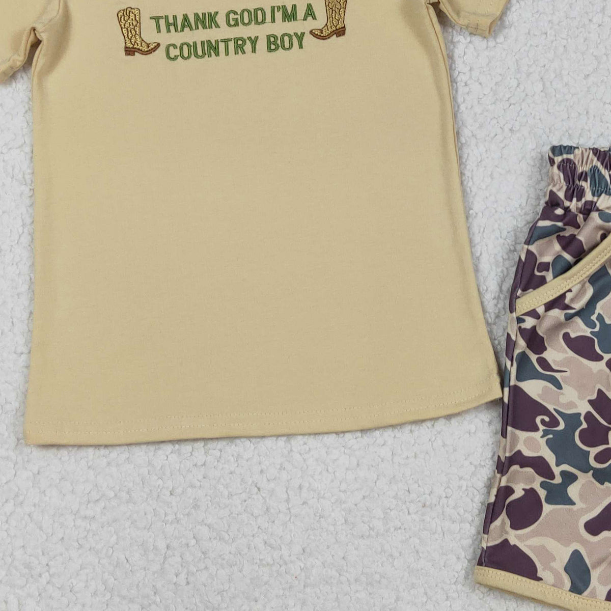 12.10 RTS NO MOQ （In stock）BSSO1577 Embroidery Country Boy Boots Top Camo Pockets Shorts Western Clothes Sets