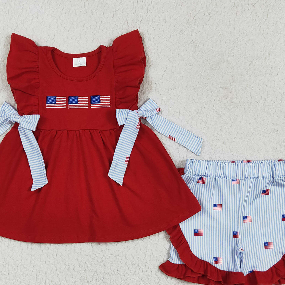 GSSO2375 RTS NO MOQ Baby Girls Summer Outfits  Red flutter sleeves flag tunic shorts girls 4th of july outfits