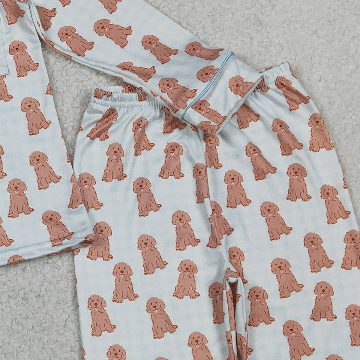 2.3 RTS NO MOQ （In stock）BLP1408 Baby Boys Blue Checked Dogs Button Pocket Top Pant Pajamas Sets