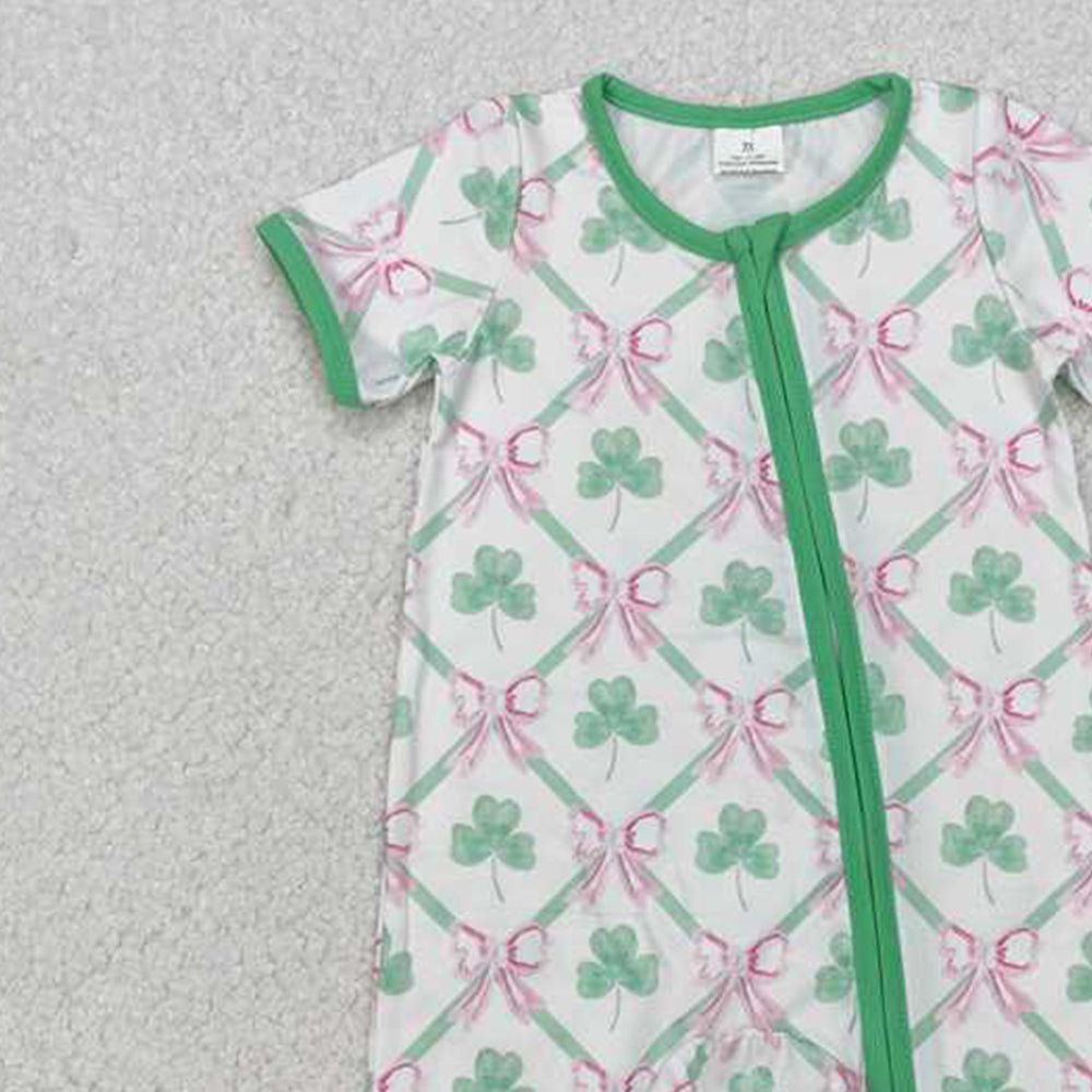 SR2109  RTS NO MOQ Shamrock pink bow baby girls St Patrick's zipper romper