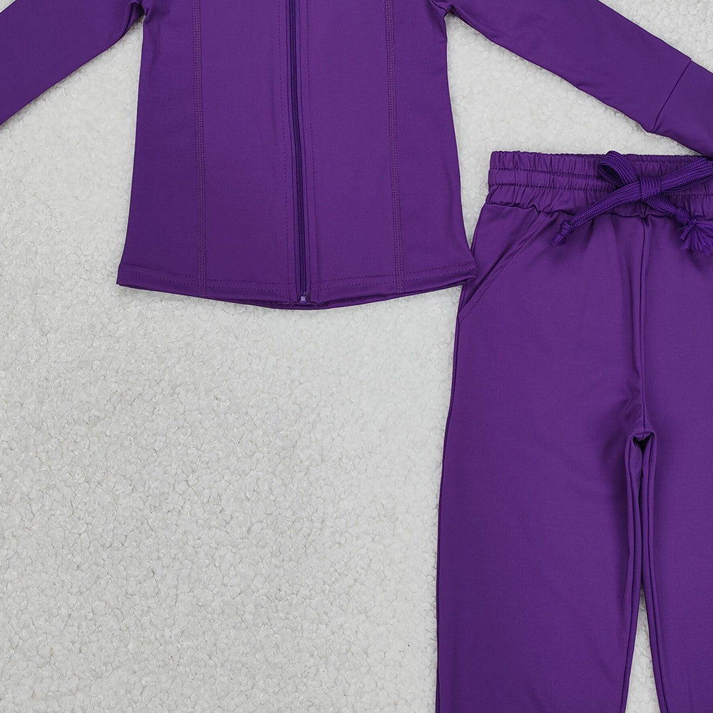 GT0807+P0670 New Rts No Moq 8-9 Days By Air Arrived it Girls Purple Hooded Zipper Long Sleeve Yoga Top with Matching Pants Set Comfortable Sportswear for Kids