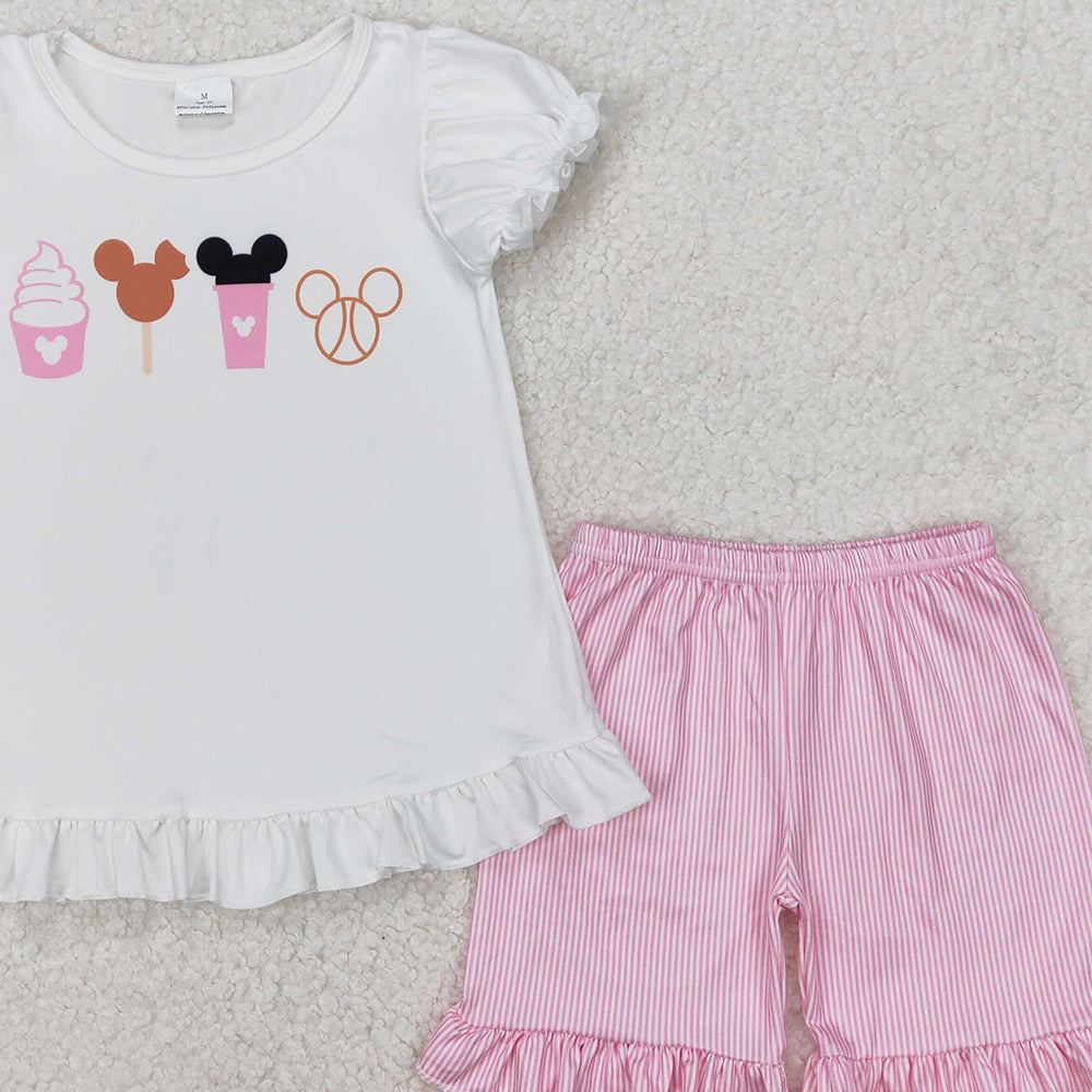 GSSO2127 New Rts No Moq 8-9 Days By Air Arrived it White mouse snacks top ruffle shorts girls clothing
