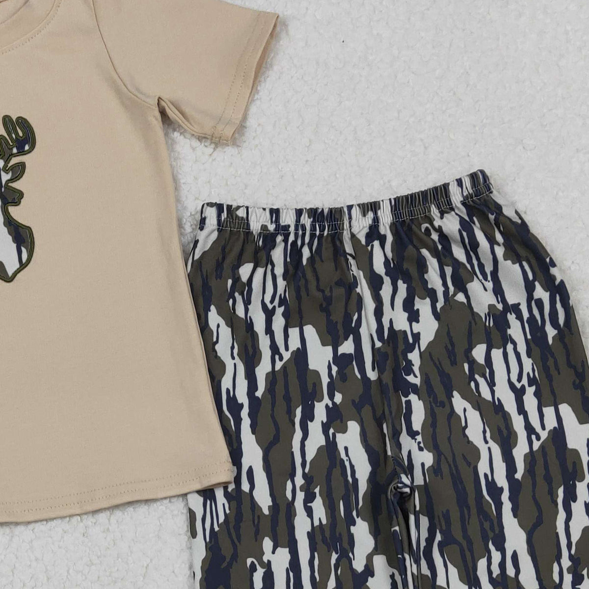 10.27 RTS NO MOQ （In stock）BSPO0582 Embroidery Camo Deer Baby Boys Top Flare Pant Hunting Set