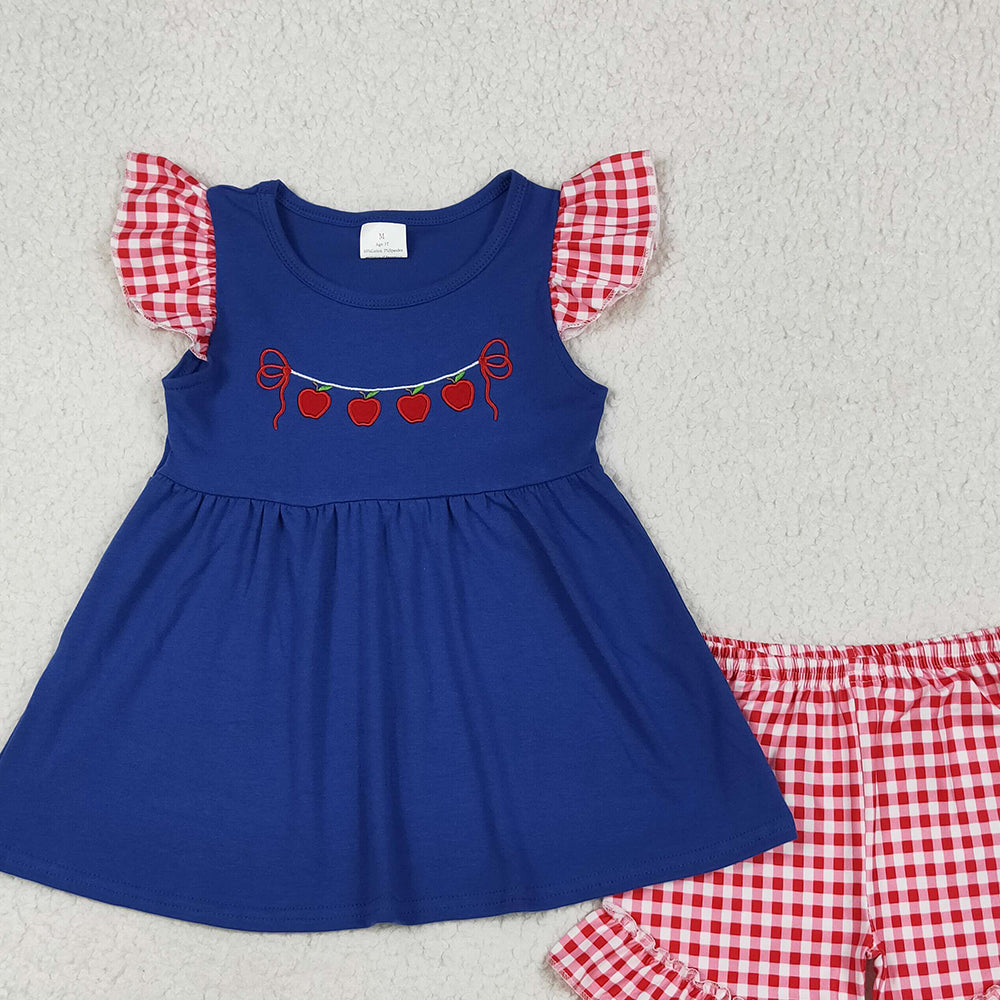 GSSO2314 RTS NO MOQ Baby Girls Summer Outfits Embroidery Baby Girls Red Plaid Flutter Sleeves Apples Tunic Ruffle Short Set