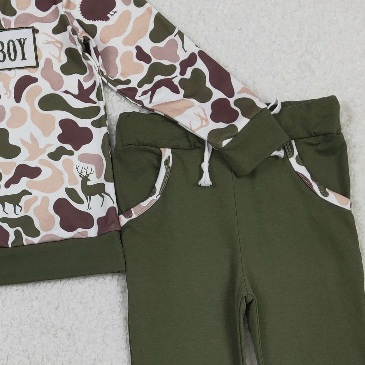 11.14 RTS NO MOQ （In stock）BLP1338 Embroidery Mama's Boy Baby Boys Deer Ducks Camo Pockets Jogger Clothes Sets