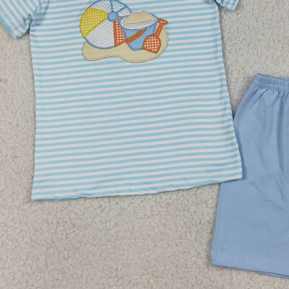 4.7 BSSO1834 RTS NO MOQ （In stock ）Embroidery Beach Baby Boys Blue Stripe Top Shorts Clothes