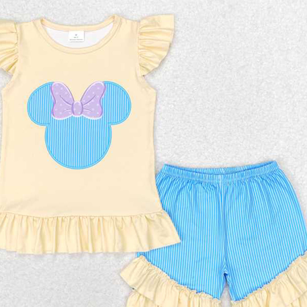 4.25 GSSO1159  RTS NO MOQ Yellow flutter sleeves mouse top shorts girls clothes