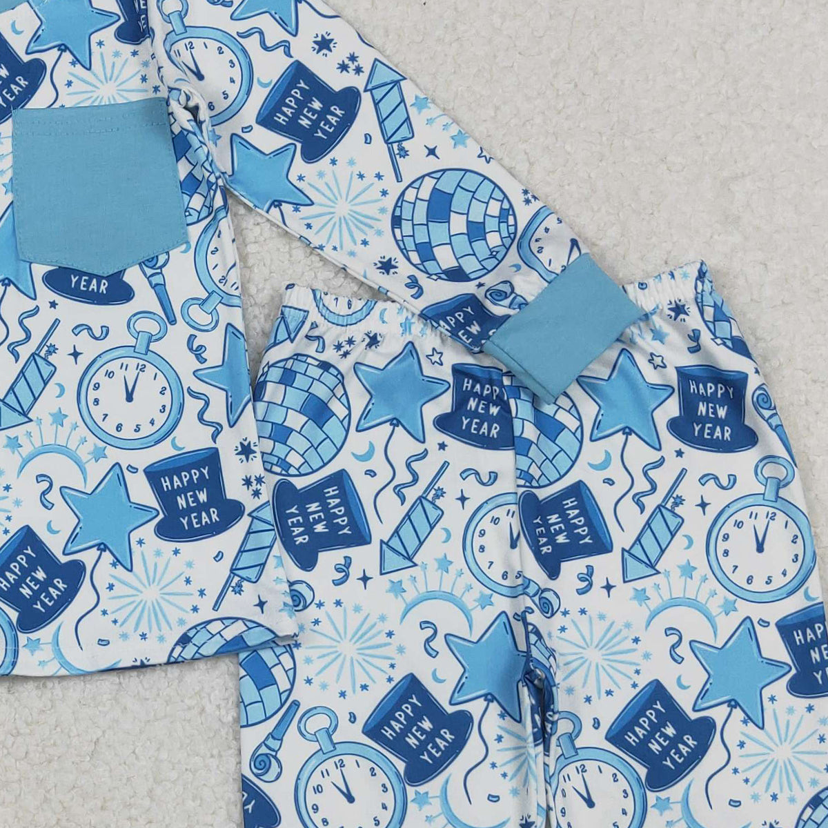 10.20 RTS NO MOQ （In stock）BLP1259 Baby Boys Winter Outfits Baby Boys Blue Pocket Happy New Year Top Pant Pajamas Set