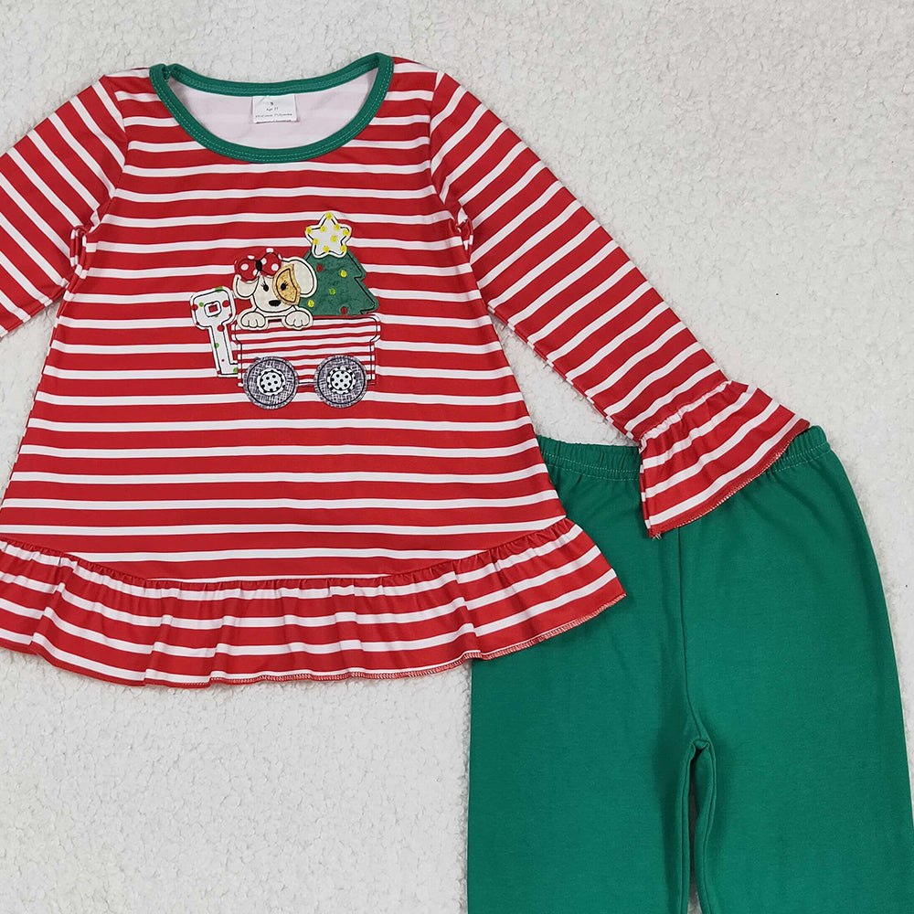 RTS NO MOQ （In stock）GLP2580 Baby Girls Winter Outfits  Long Sleeves Christmas Trees Dogs Trucks Tunic Ruffle Pant Set Outfit