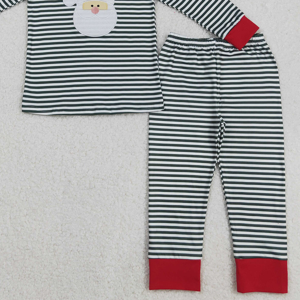 RTS NO MOQ （In stock）BLP1126 Baby Boys Winter Outfits Christmas Green Stripe Santa Pajamas Set Top And Pants Outfit for Holiday Celebrations