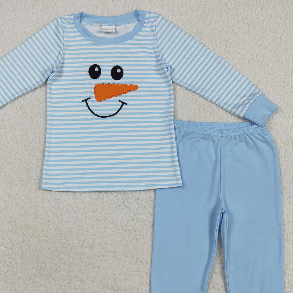 RTS NO MOQ （In stock）BLP1150 Baby Boys Winter Outfits Embroidery Baby Boys Light Blue Stripe Winter Snowman Top Pant Pajamas Sets