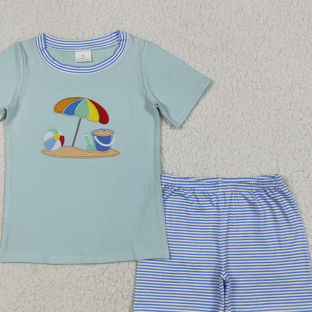 8.18   BSSO1485 RTS NO MOQ Baby Boys Summer Boys Outfits Embroidery Baby Boys Short Sleeves Beach Top Blue Stripe Short Set