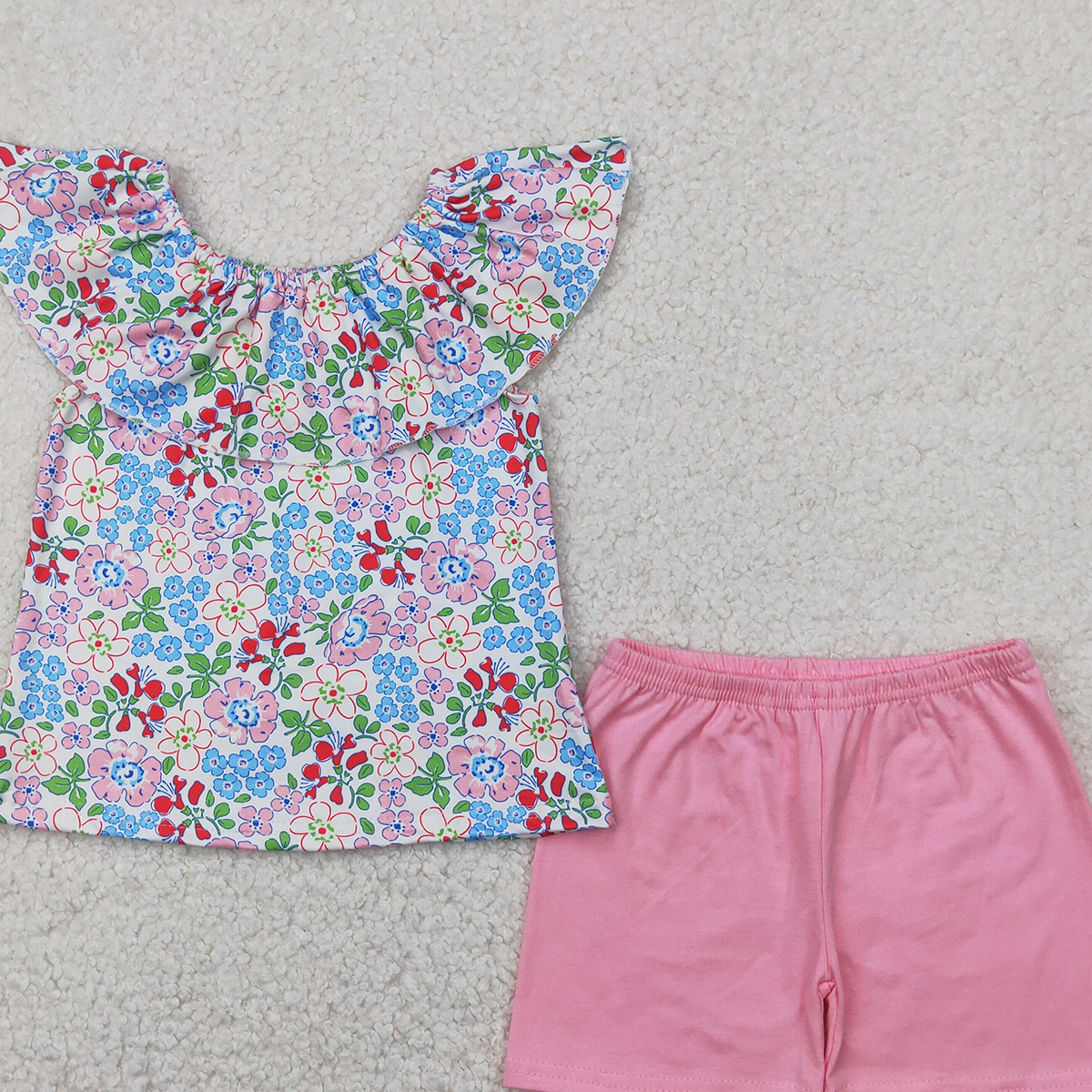 4.11 GSSO2277RTS NO MOQ Baby Girls Summer Outfits Floral ruffle top pink cotton shorts girls summer outfits