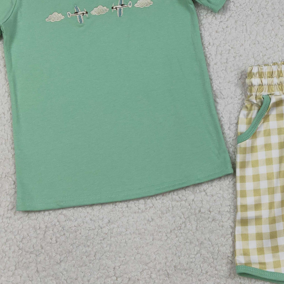 3.27 RTS NO MOQ （In stock）BSSO1684 Fashion Clothing For Baby Boys Short Sleeve Embroidery Air Planes Top Checked Pockets Clothes Sets