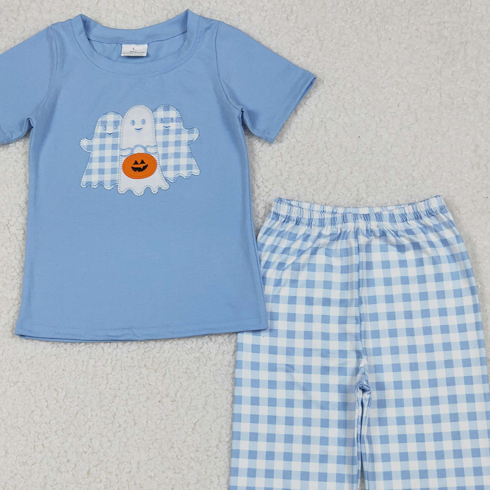 RTS NO MOQ （In stock）BSPO0581  Baby Boys Autumn Outfits Ghosts Pumpkins Top Pant Halloween Sets