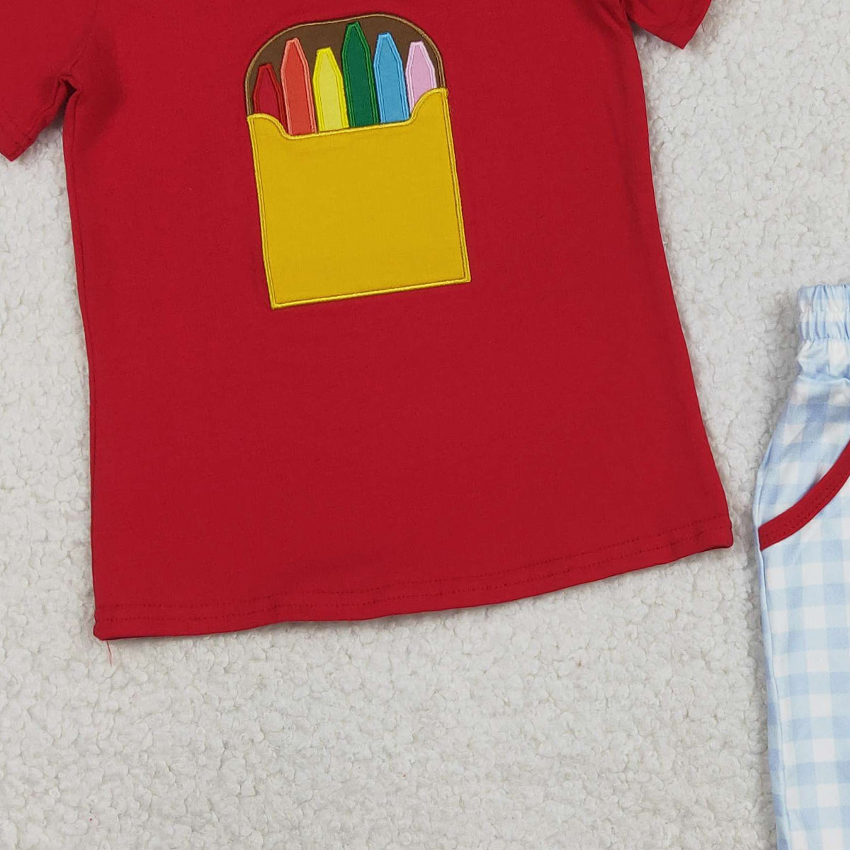 3.10 RTS NO MOQ （In stock）BSSO1819 Children's Fashion Set Baby Boys Back to School Embroidery Pencils Checked Pockets Short Clothes Sets