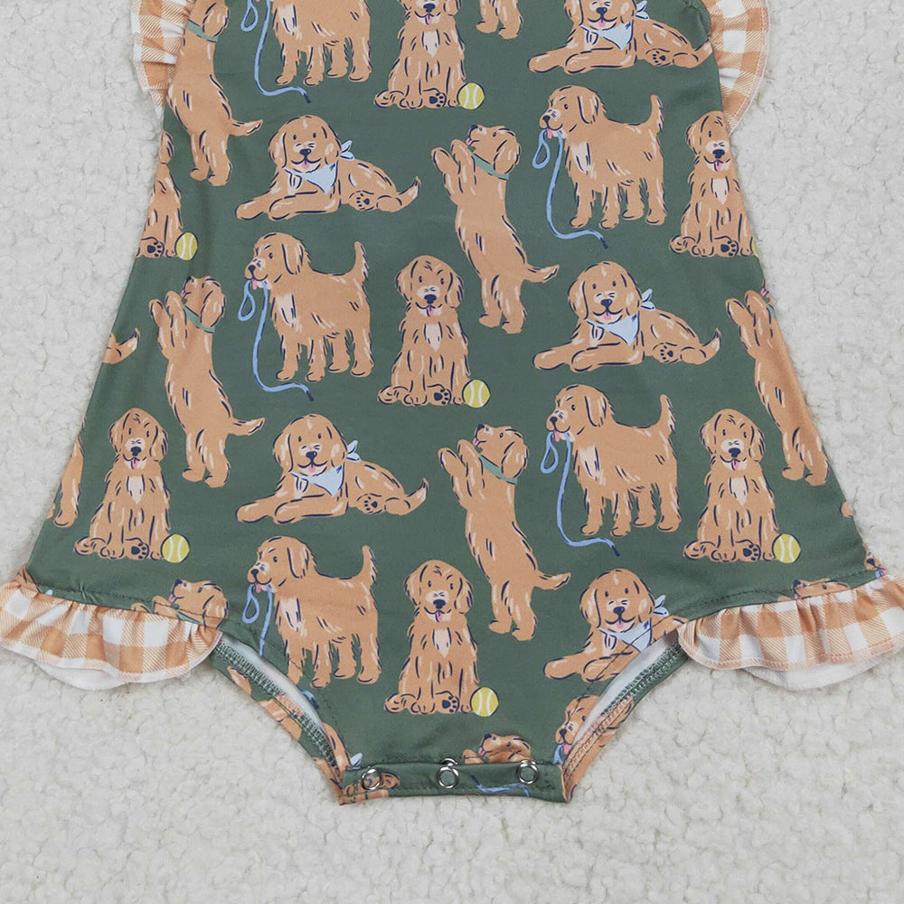 4.26 SR2986RTS NO MOQ Baby Girls Summer Rompers  Straps khaki plaid ruffle dogs baby girls summer romper