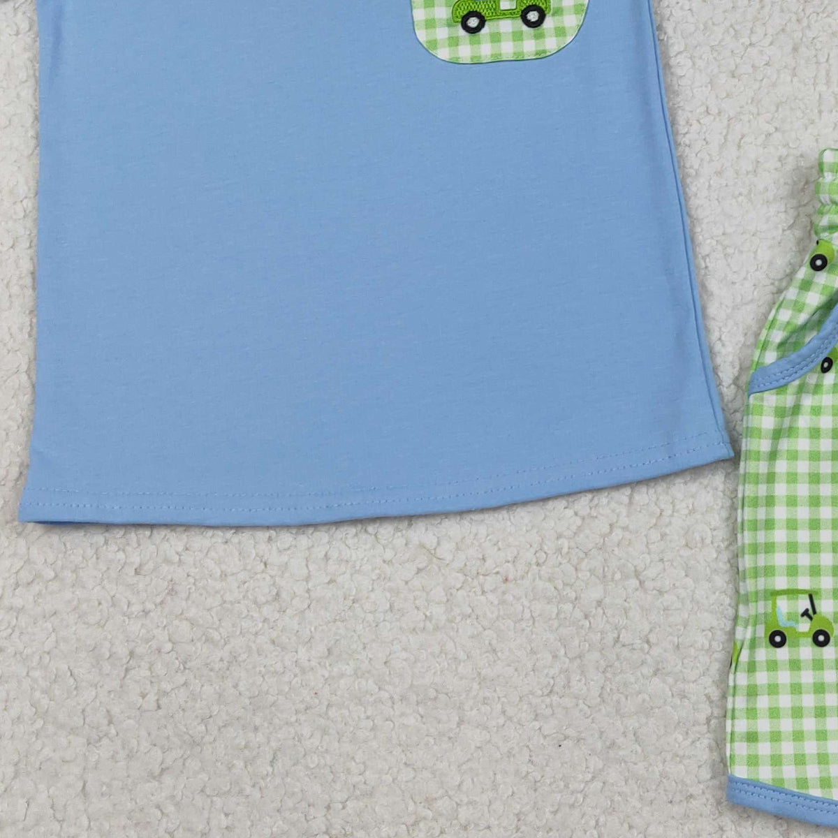 1.19 RTS NO MOQ （In stock）BSSO1672 Embroidery Golf Trucks Baby Boys Pockets Top Checked Shorts Clothes Sets