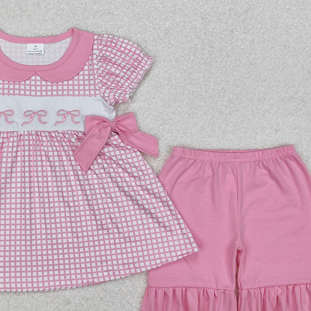 GSSO1879Girls Pink Plaid Bow Tunic Ruffle Shorts Set - Cute Preppy Outfit for Ages 2-12