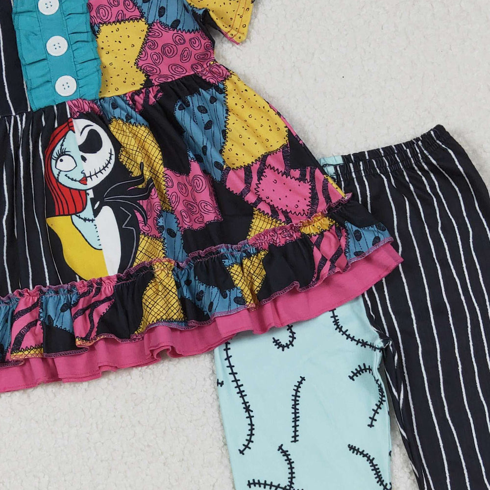 RTS NO MOQ （In stock）GSPO2056 Baby Girl Autumn Outfits Cartoon Ghost Tunic Stripes Leggings Halloween Sets