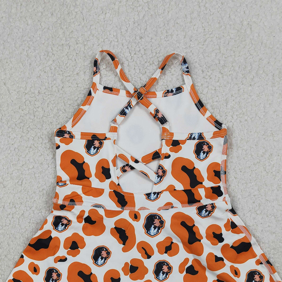 3.20 RTS NO MOQ （In stock）GSD3634 Kids Fashion Clothes Baby Girls Strap Orange Leopard Team Yoga Active Shorts Knee Length Dress