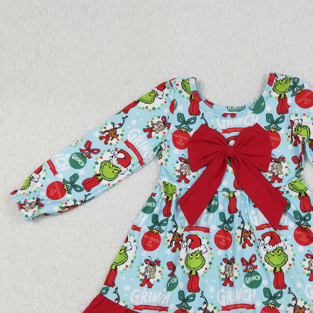 RTS NO MOQ （In stock）GLD1269 Baby Girls Winter Dress Christmas Green Face Bows Holly Big Bow Knee Length Dresses