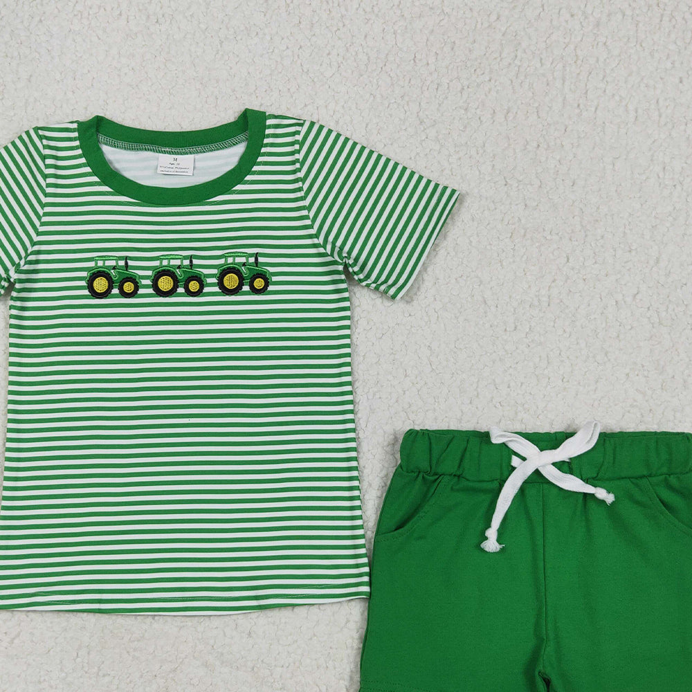 6.03 BSSO1374 RTS NO MOQ Baby Boys Summer Boys Outfits Embroidery Baby Boys Green Farm Trucks Tops Pockets Shorts Clothes Sets