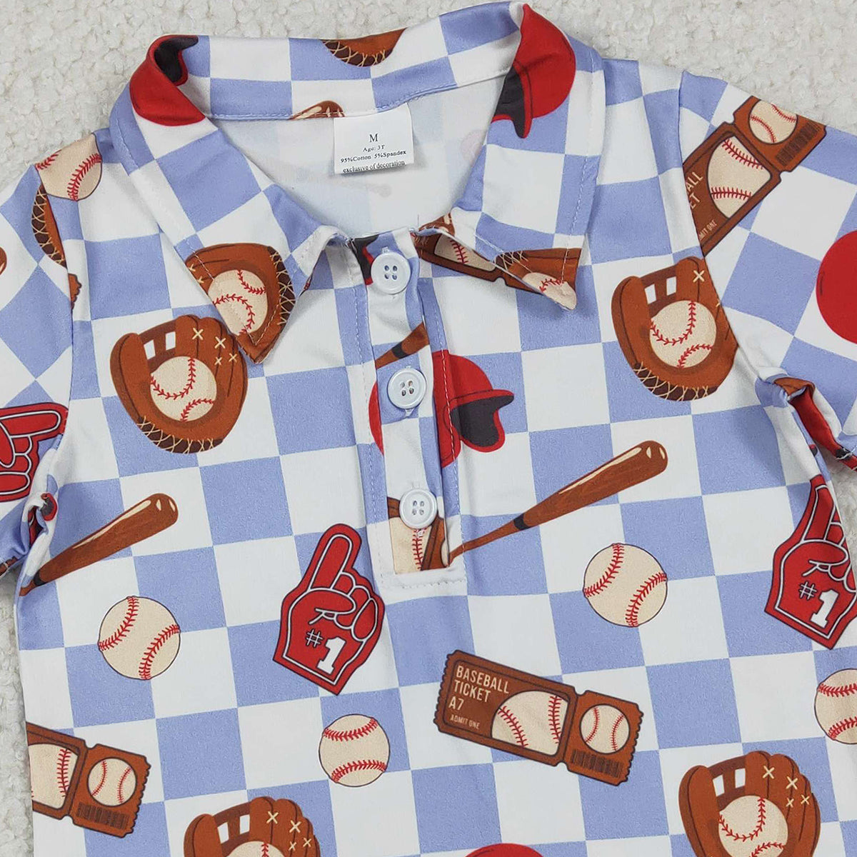 12.18 RTS NO MOQ （In stock）BT1577 Baby Boys Blue Checked Baseballs Team Button Polo Shirts Top