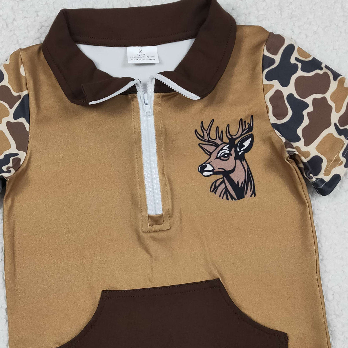 12.19 RTS NO MOQ （In stock）BT1531 Baby Boys Brown Camo Deer Zipper Pockets Hunting Pullovers Top