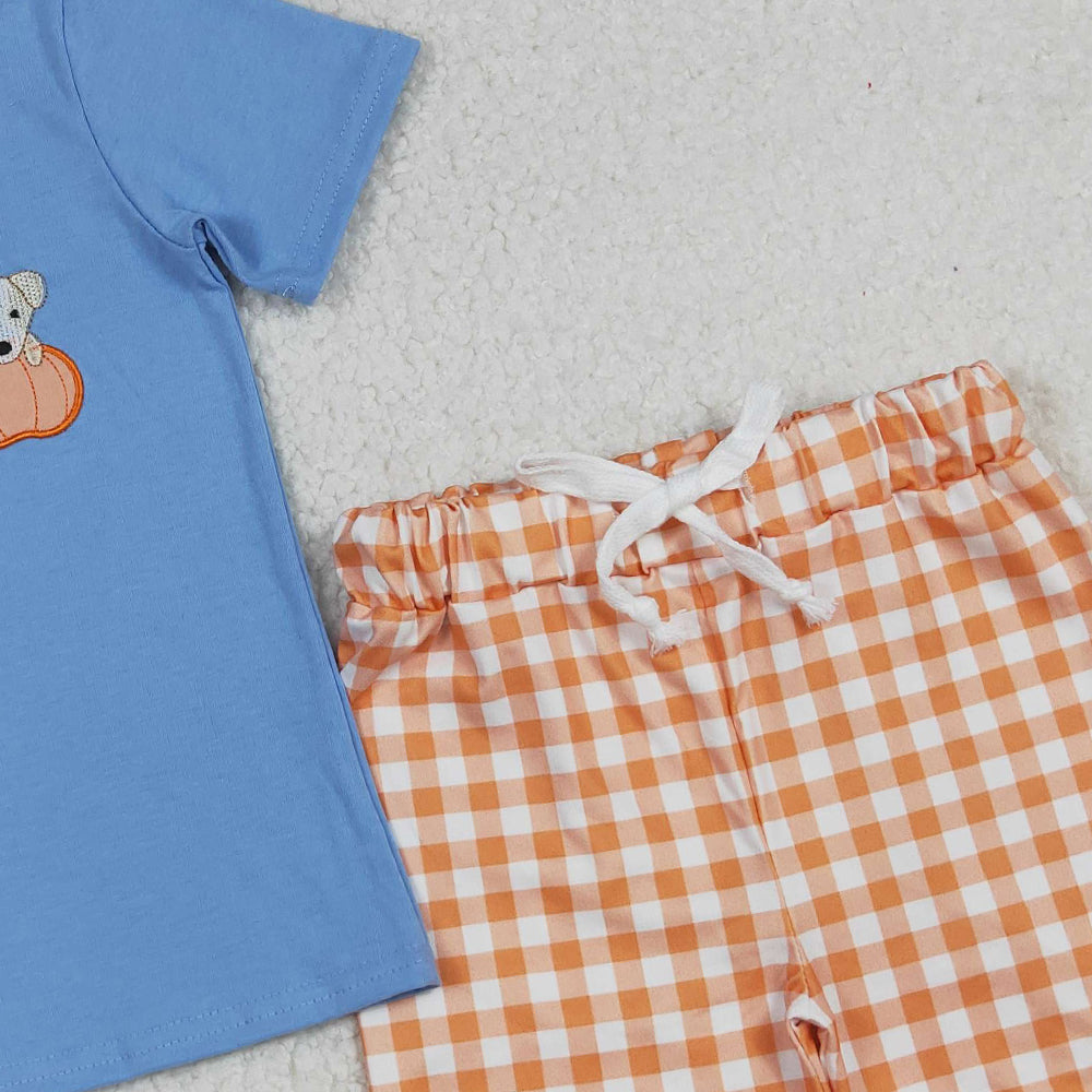 RTS NO MOQ （In stock）BSSO1547  Baby Boys Summer Boys Outfits Embroidery Dogs Pumpkins Top Shorts Fall Clothes Sets