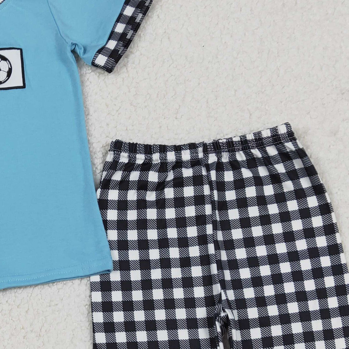12.11 RTS NO MOQ （In stock）BSPO0622 Embroidery I Love Footballs Baby Boys Checked Pants Team Clothes Sets